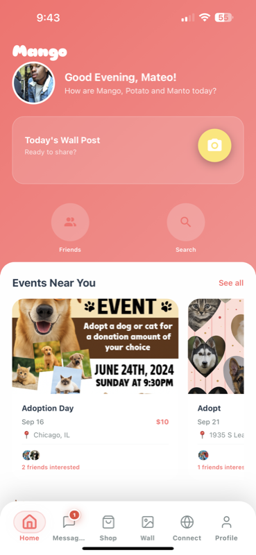 MangoPets event discovery screen showing local pet meetups and activities
